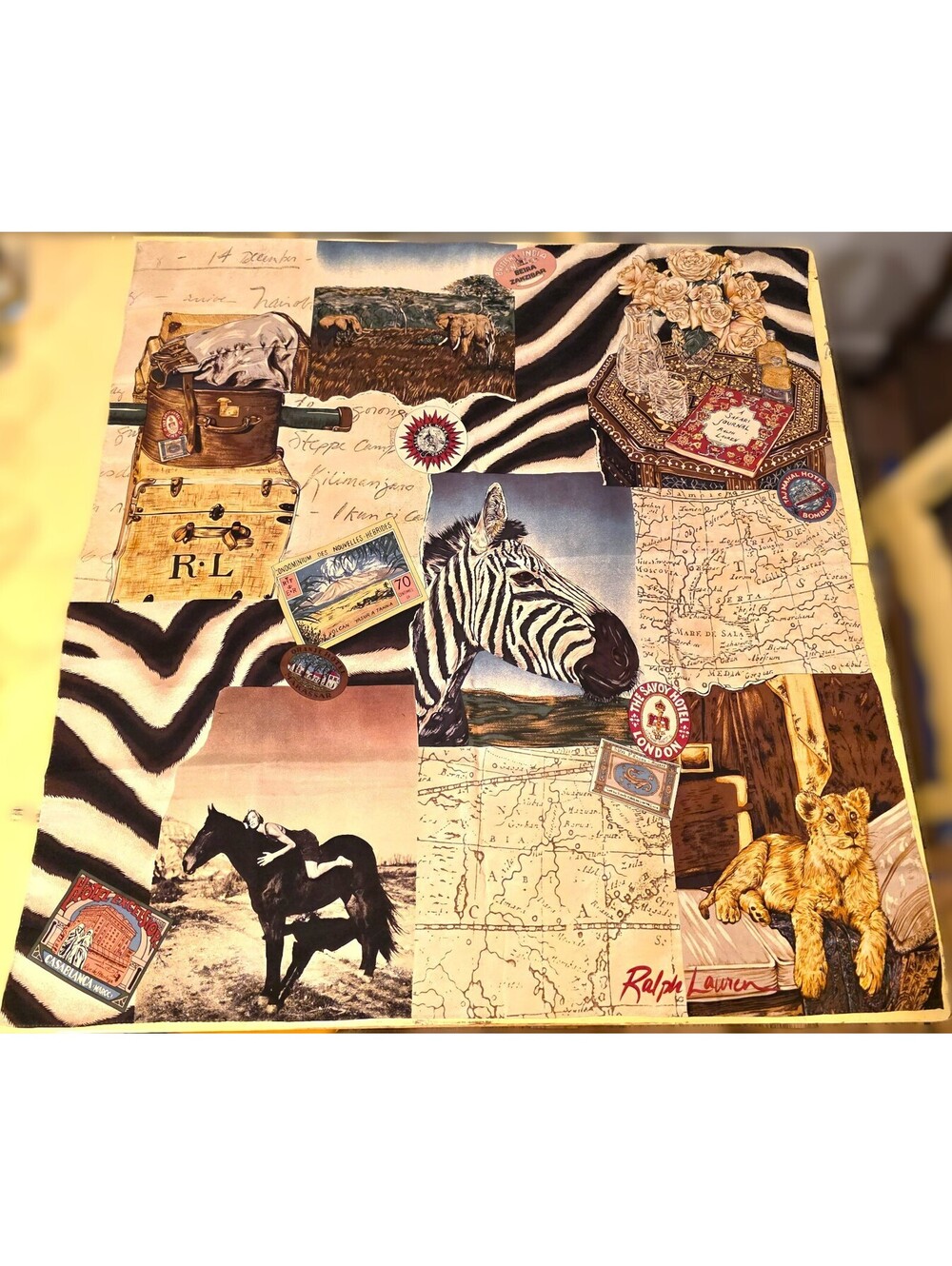 NEW VTG Ralph Lauren Safari Silk Scarf Large Zebra Lion Elephant Map Never Worn